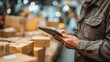 © CStock - A worker uses a tablet for inventory management in a busy warehouse filled with packages.
