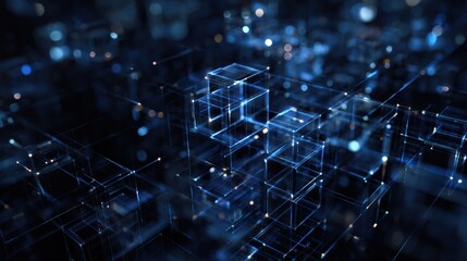 Poster - Abstract digital cubes in deep blue, representing modern technology and innovation in a futuristic environment.