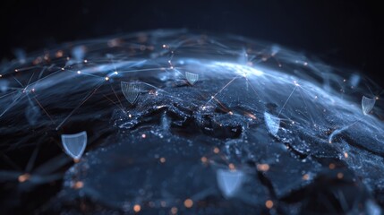 Poster - Abstract digital globe with interconnected nodes and glowing lines representing global connectivity and technology.