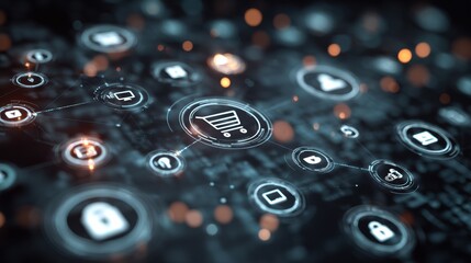 Poster - Abstract digital interface depicting interconnected network symbols, conveying innovation and technological advancement.
