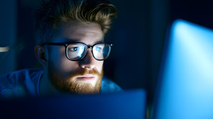 A male developer focused in a dark room, illuminated by the glow of a computer screen.