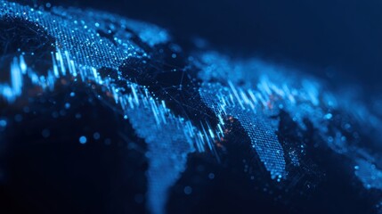 Poster - Abstract digital world map with glowing data points and visualizations in blue tones, representing global connectivity.