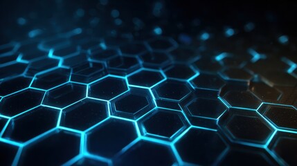 Poster - Close-up of a digitally rendered hexagonal pattern with glowing blue lines, representing advanced technology.