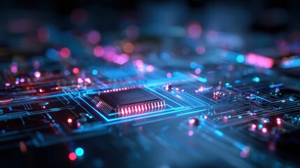 Poster - Close-up view of a futuristic circuit board with vibrant lights, showcasing advanced electronic components and connections.