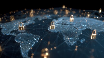 Poster - Digital security illustration featuring a global network with padlocks representing cybersecurity and encryption.