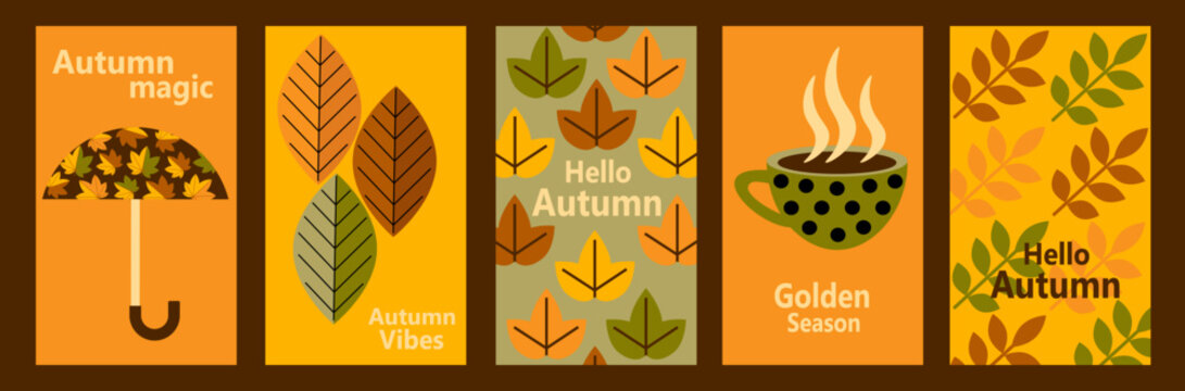 Autumn simple poster set. Autumn flyer set of designs Scandinavian mosaic. Banner autumn elements. Autumn design poster. Vector illustration.