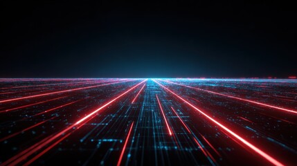 Poster - Futuristic digital landscape with glowing lines representing data flow, ideal for technology and innovation themes.