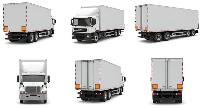 Collection of white cargo trucks from various angles. 3D rendering set of commercial transport vehicles isolated on white for logistics and delivery mockups.