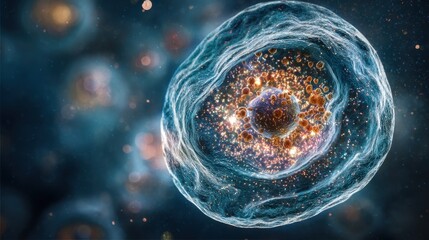 Poster - Microscopic view of a bioengineered microbial cell highlighting its complex structure and potential for efficient protein synthesis, advancing biotechnology and synthetic biology research