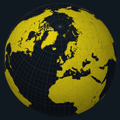 Poster - Isle of Man on Globe. Country view on the world map in Charcoal Bright Yellow color palette. Isle of Man shape on map. Globe with meridians, parallels, countries, rivers and lakes.