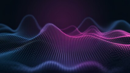 Wall Mural - Abstract waves of light blue and pink dots creating a digital landscape with a dark background