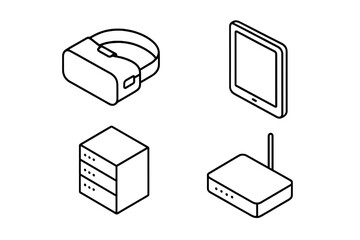 Poster - Technology devices including virtual reality headset, tablet, server, and wireless router in a minimalist design