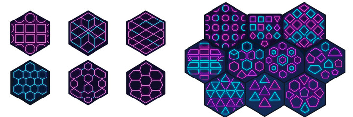 Aufkleber - Geometric shapes and patterns illuminated in neon colors on black background showcasing creativity and design inspiration