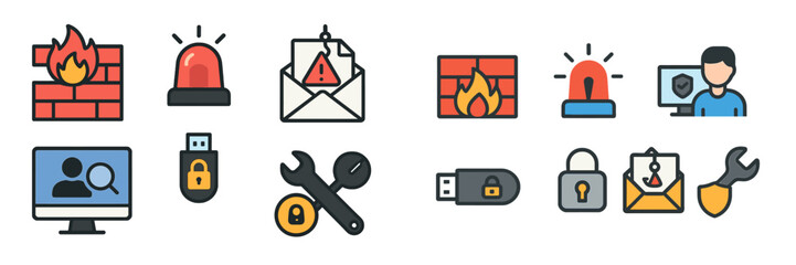 Poster - Symbols representing cybersecurity threats and protective measures displayed in a creative layout