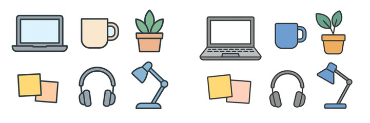 Poster - Workspace elements including laptops, mugs, plants, headphones, and desk lamps illustrate a productive environment