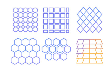 Poster - Geometric pattern designs featuring circles, squares, diamonds, hexagons, and stacked layers in soft hues