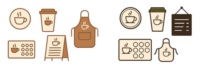 Poster - Coffee shop icons and designs featuring cups, to-go cups, aprons, and menus in a minimalistic style
