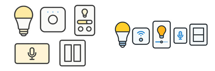 Poster - Collection of smart home icons featuring light bulbs, controls, and connectivity options in a modern digital design