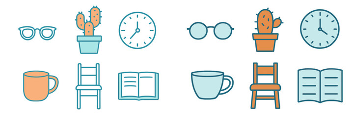 Poster - Various objects arranged in a modern design showcasing plants, clocks, and tableware in a minimalist style