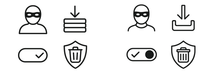 Poster - Icon set illustrating security measures and theft prevention in digital settings at nighttime