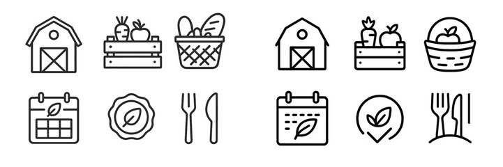 Poster - Icons representing farm produce, community gardening, and sustainable eating practices in a simple design style