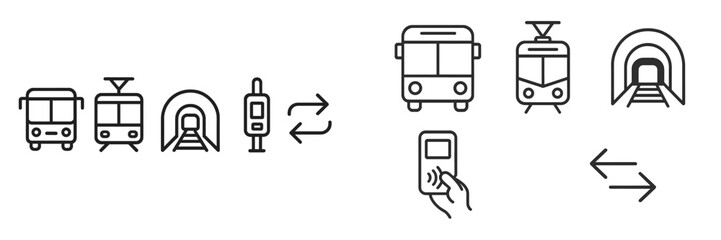 Poster - Transit system icons illustrating bus and tram connections in urban environments during the day