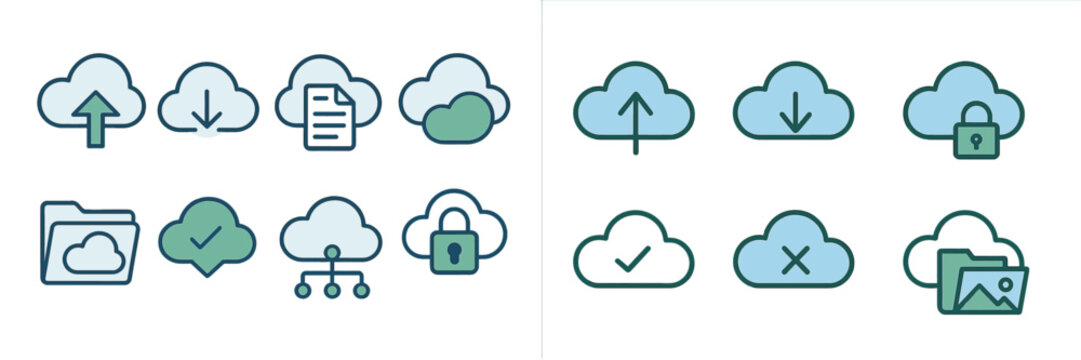 Cloud storage icons representing upload, download, and secure file management in a modern design