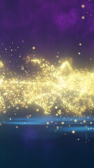 Poster - Abstract field of golden particles floating across a purple and blue cosmic background, creating a dreamy glittering effect