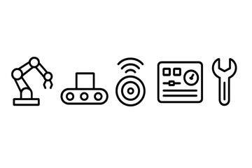Poster - Industrial automation elements representing robotic arms, conveyor systems, wireless technology, and machinery interface designs in a modern workspace