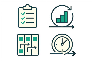 Poster - Illustration of project management concepts including checklist, progress chart, task flow, and time management
