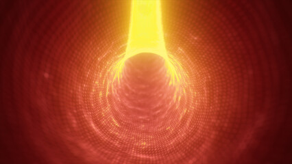 Poster - Yellow energy stream radiating in a digital tunnel, evoking heat and intensity