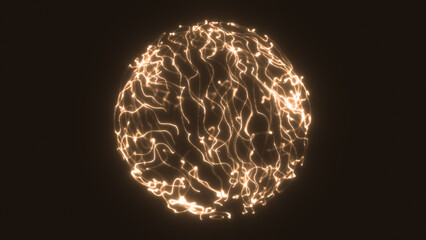 Poster - Bright golden glowing sphere formed by intricate energy waves on a dark background