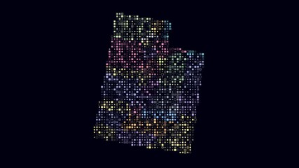 Poster - Utah dotted animation. Shape of the state build of pulsating colored dots. Small size rounded square blocks. Digital style map on dark background. Classy video.