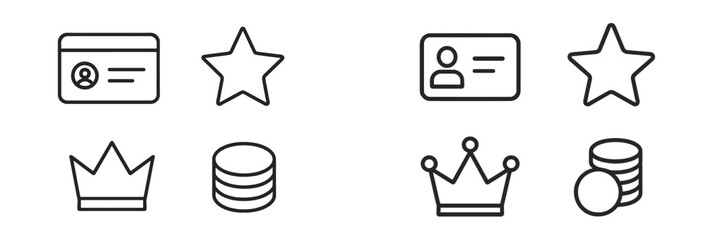 Poster - Set of simple icons representing various symbols like identification cards, stars, crowns, and coins on a plain background