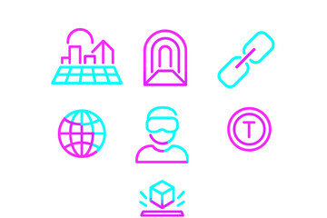 Poster - Colorful digital icons representing technology, virtual reality, and global connectivity in a modern design