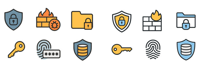 Poster - Collection of cybersecurity icons depicting data protection, firewalls, and encryption methods for digital safety