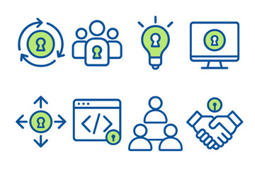Poster - Icons illustrating the concepts of security, teamwork, innovation, and collaboration in a digital environment