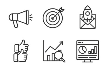 Poster - Marketing symbols including megaphone, target, rocket, thumbs up, chart, and analytics
