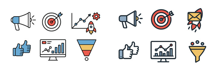 Poster - Marketing icons depicting advertising strategies, data analysis, and communication tools in a modern style