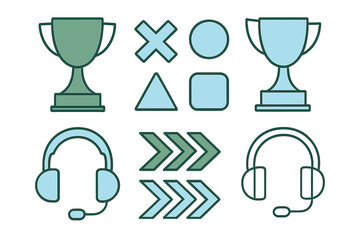 Poster - Various trophy designs and audio equipment icons displayed in flat design style
