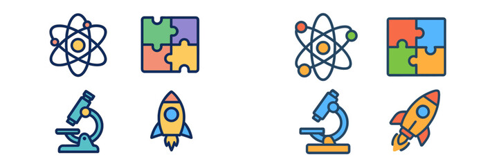 Poster - Creative illustrations of science and exploration themes featuring atoms, puzzles, and rockets in vibrant colors
