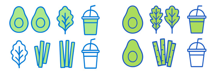 Poster - Colorful illustrations of fresh ingredients and beverages showcasing avocados and leafy greens on a white background