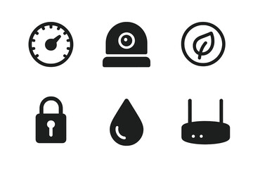 Poster - Symbols representing various concepts like security, infrastructure, and sustainability displayed on a plain background