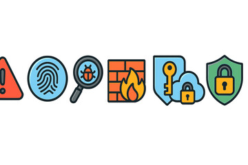Poster - Digital security icons represent online safety measures and threats in a modern workspace environment created with colorful graphics