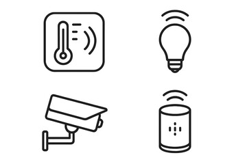 Poster - Smart home devices showcase with a thermostat, security camera, smart light bulb, and smart speaker in a modern setting