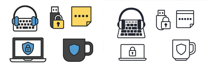 Poster - Digital security concepts depicted with various icons representing technology, protection, and data management in an organized layout