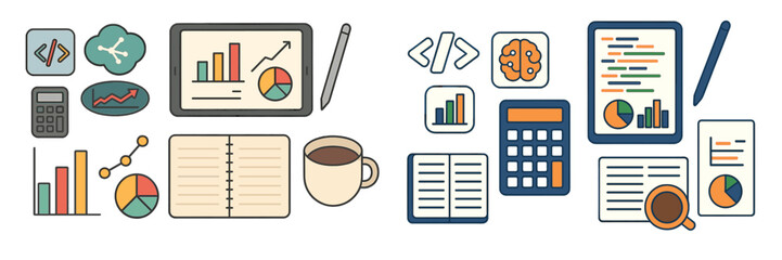 Poster - Data analysis and presentation tools displayed on a workspace during a productive morning session