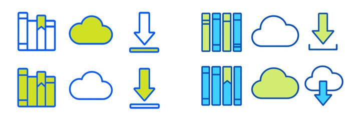 Poster - Concepts of data storage and retrieval illustrated through icons of books, clouds, and download symbols in a colorful design