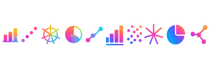 Poster - Colorful data visualization icons representing analytics concepts and graphs in a modern design