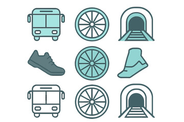 Poster - Exploring transportation symbols through a grid layout showcasing buses, shoes, wheels, and tunnels in an urban context